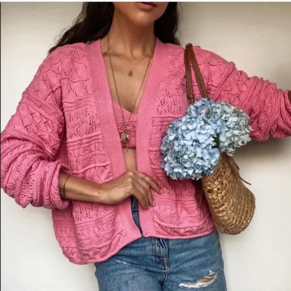 ZARA 2 Pieces Knit Jacket And Matching Cropped Top Blue M